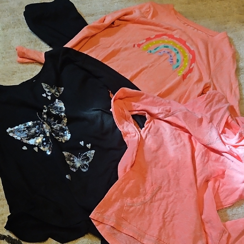 SO Kids Long Sleeve Tees - Black Butterfly & Pink Rainbow Coral Long Sleeve